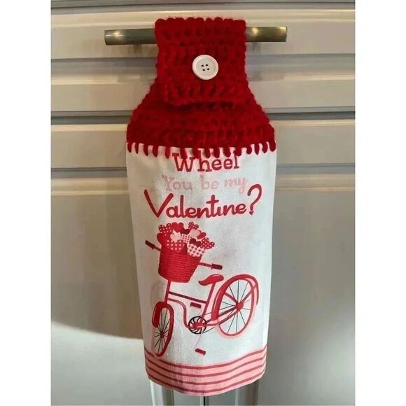 Crochet Top Kitchen Towel- Wheel You Be My Valentine/Bicycle - Picture 3 of 3
